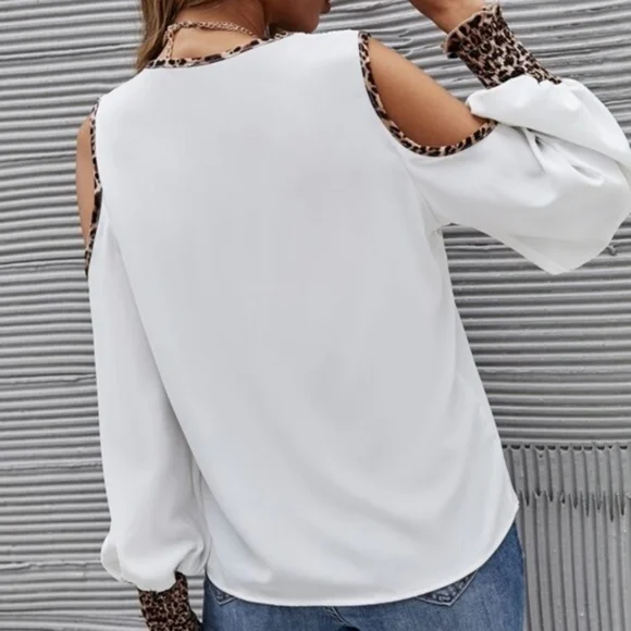 White leopard Print Button up Cold Shoulder Top - Picture 8 of 9
